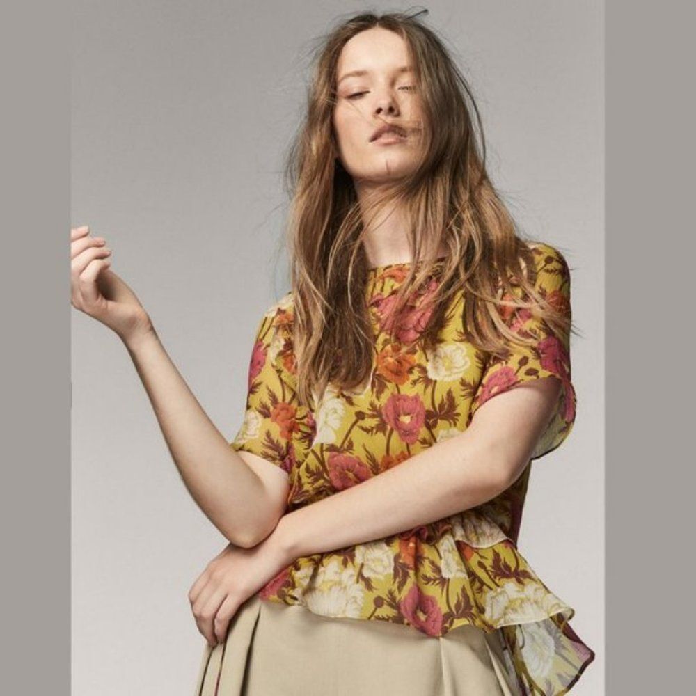 Silk Massimo Dutti Floral Printed Tie-Waist Ruffle Short Sleeve Blouse (NWT)